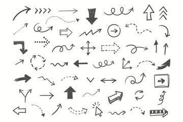 Fototapeta premium Set of hand drawn doodle arrows. Vector illustration of black, brown sketchy arrow signs, pointers, and curves for design elements and infographics.