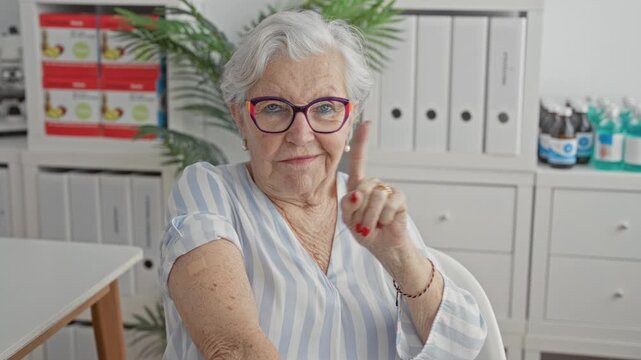 Woman wearing glasses and striped blouse shows bandage on upper arm and points finger to arm while seated at clinic desk with binders and bottles visible; reassurance health.