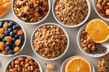 Fototapeta premium Assortment of healthy breakfast bowls with granola, fruits, nuts, and seeds, presented beautifully.