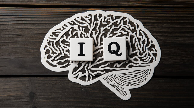 Brain Silhouette with IQ Text on Wooden Background &ndash; Intelligence Quotient, Mind Power and Intellectual Achievement Concept