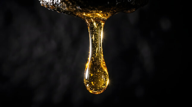 Golden liquid dripping from a spoon against a dark background with a single drop falling