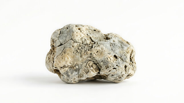 Raw ambergris chunk pale grey ivory texture isolated on white background, minimalist perfume ingredient photography