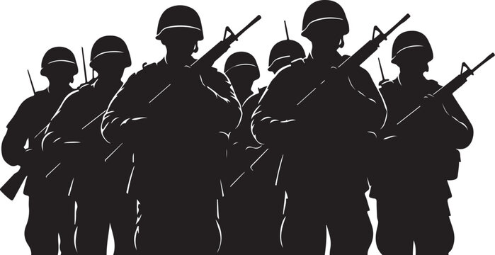 Black silhouettes of soldiers with rifles and helmets