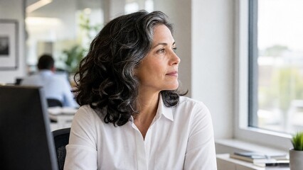 Fototapeta premium Thoughtful Mature Businesswoman Looking Out Window in Modern Office