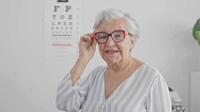 Woman adjusts colorful eyeglasses with hand at temple during vision test in a clinic building; confidence wellness.