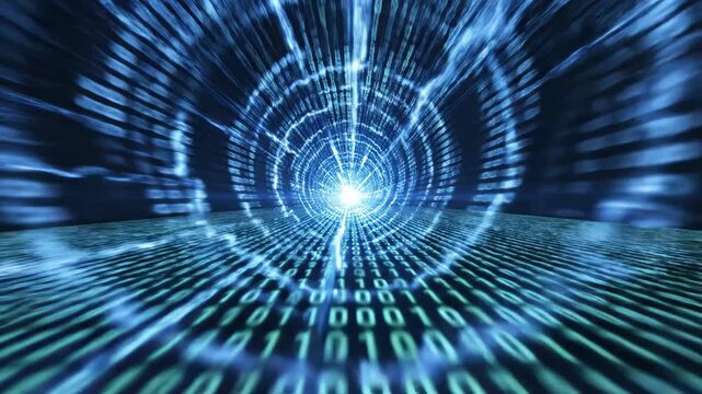 Digital binary data tunnel with light effects ideal for software, IT, and cybersecurity commercial use