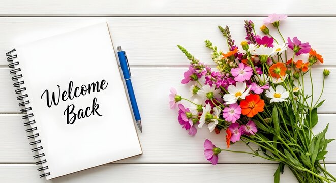 Welcome back text on a notebook with a bouquet of colorful flowers