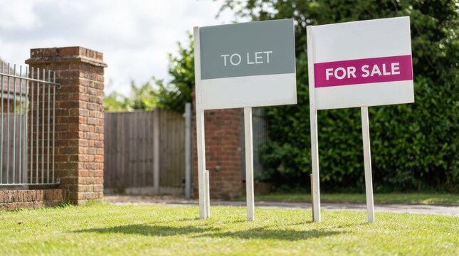 To let and for sale signs outside house on sunny day with blue sky.