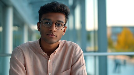 Obraz premium Portrait of a confident Indian young male college student in a pastel linen shirt sitting outside a modern campus building.