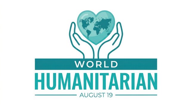 World humanitarian day logo featuring two hands holding blue heart shaped earth globe on white space.