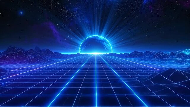A glowing blue planet rises over a digital wireframe landscape in deep space