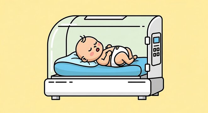 Newborn baby in incubator.