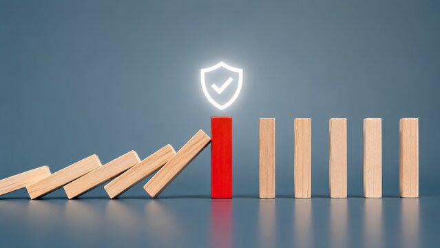 Red wooden block with glowing shield icon stopping falling dominoes representing risk management and business protection concept
