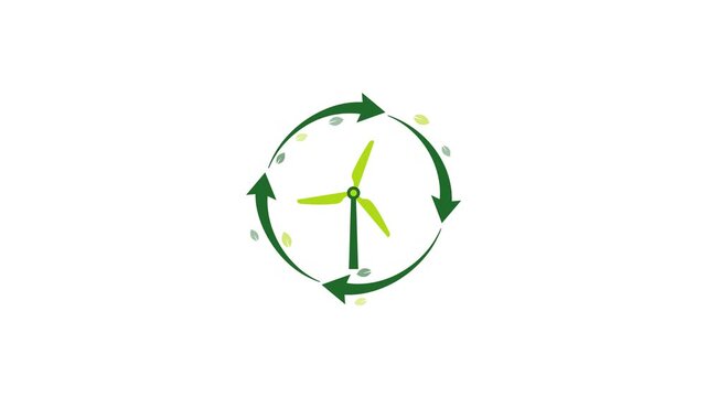 Animated Three Blade Wind Turbine Rotating Inside A Circle Of Green Leaves And Recycling Arrows Representing Clean Wind Energy Production Sustainability And Renewable Power Technology