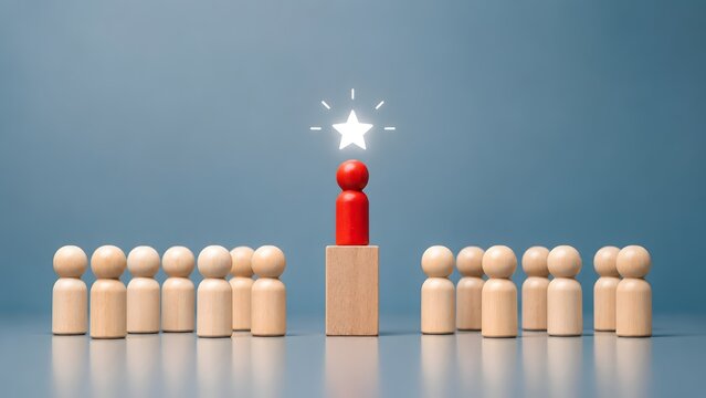 Outstanding red wooden peg figure standing on a block with glowing star icon among a crowd representing leadership and top talent concept