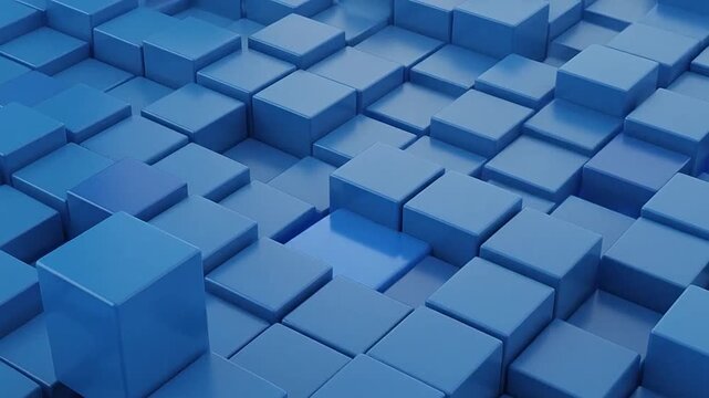 A single blue cube stands out from a grid of identical blue square blocks