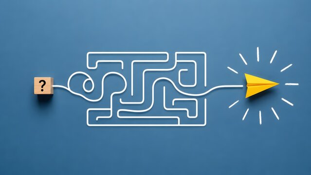 White line navigating through a complex maze from a question mark block to emerge as a flying yellow paper airplane representing finding solutions and launching new business ideas