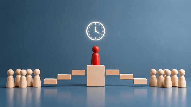 Red wooden leader figure on a podium with a glowing clock icon connecting two groups representing efficient time management business mediation and strategic team coordination