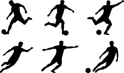 Collection of professional soccer player silhouettes in dynamic action poses including kicking, dribbling, and shooting for sports graphic design projects. © BIPUL