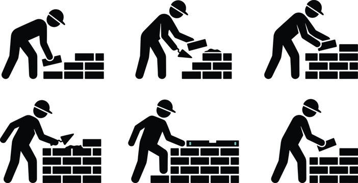 Bricklayer Construction Worker Silhouette Icon Set Showing Masons Building a Brick Wall Using Trowel and Spirit Level Tools for Industrial Safety Signs Vector Illustration