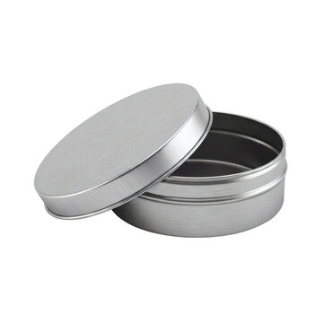 Round silver metal tin container. Cosmetic aluminum box mockup.