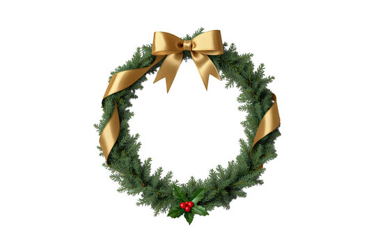 Christmas wreath with golden ribbon and holly berries, symbolizing festive holiday season greetings and winter celebrations