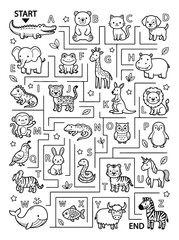 Obraz premium hand drawn alphabet letters with playful animal doodles vector illustration