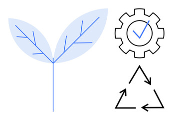 Obraz premium Environmental awareness, eco-design, green energy, sustainable business, recycling, energy efficiency. A leaf, gear with checkmark and recycling symbol. Environmental awareness and eco-design