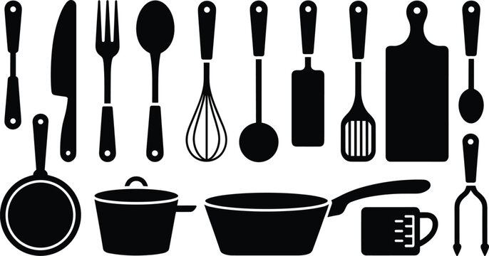 Kitchen Cooking Utensils and Cookware Icon Set Featuring Knives Spoons Whisk Spatulas Cutting Board Frying Pans Boiling Pot and Measuring Cup Silhouette Vector Illustration