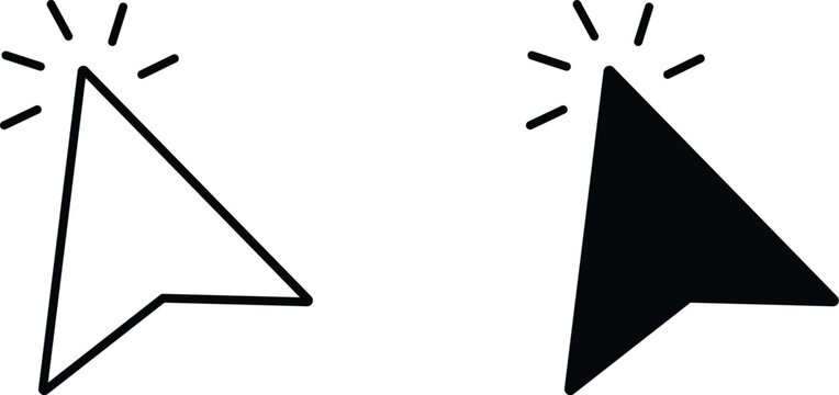 Black and white cursor icons with radiating lines click pointer