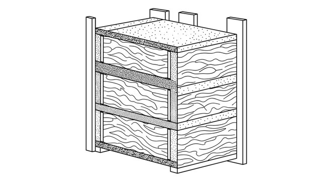 Detailed drawing of a multi-layered structure with wood grain textures supported by vertical posts on each corner.