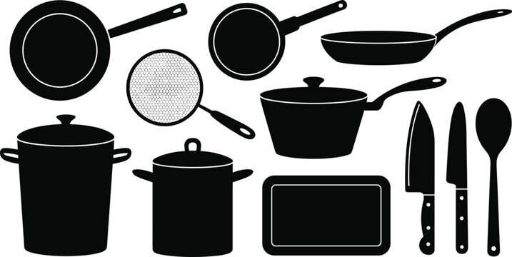 Kitchen Cookware and Chef Knife Silhouette Icon Set Featuring Frying Pans Boiling Pots Saucepan Cutting Board Knives and Spoon Vector Illustration