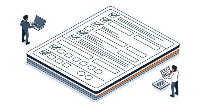 Isometric illustration of two people using laptops to fill out a giant stack of forms with several green checkmarks.