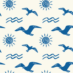 Fototapeta premium Mediterranean coastal doodle seamless vector pattern with sun, seagulls and waves in hand-drawn silhouette style. Minimal boho summer design