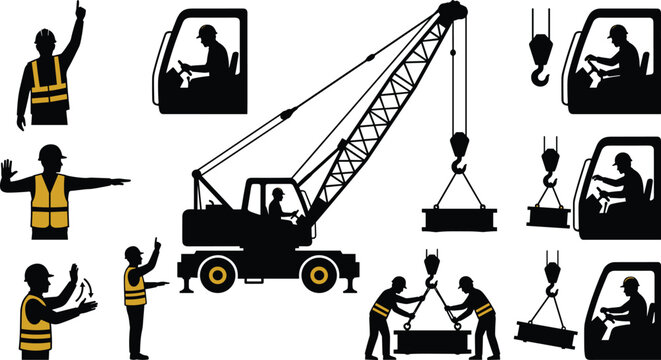 Mobile Crane Operations Silhouette Set with Riggers Giving Hand Signals and Operators in Cab Insulated in High Visibility Safety Vests Vector Graphics