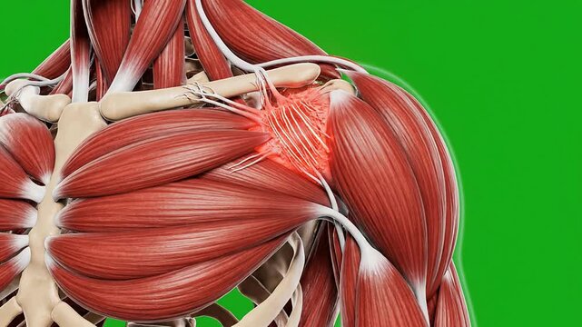 Detailed Anatomy of Human Shoulder Muscles Highlighting Bicep Brachii in 3D With Green Screen Background for Medical and Educational Use