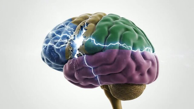 Detailed Digital Illustration of a Human Brain with Colorful Sections and Electric Sparks Indicating Neural Activity on a White Background