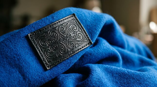 Detailed view of an ornate embossed black leather patch sewn onto vibrant blue wool fabric