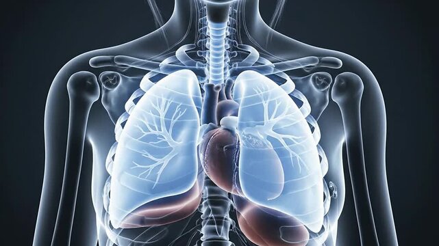 Detailed Digital Illustration of Human Lungs Showcasing Anatomical Features with Glowing Highlights Against Dark Background