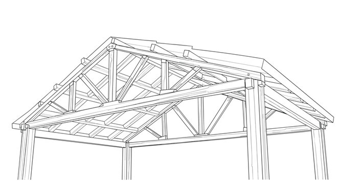Architectural line drawing of a complex timber roof frame construction showing the intricate assembly of beams and supports for a house.