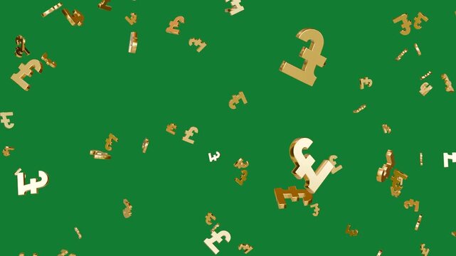 Animated Gold pound sign symbol falling down green screen animation. pound symbol Rotating animation on a green screen 4k videos. pound currency falling and looping, Currency Motion Graphic