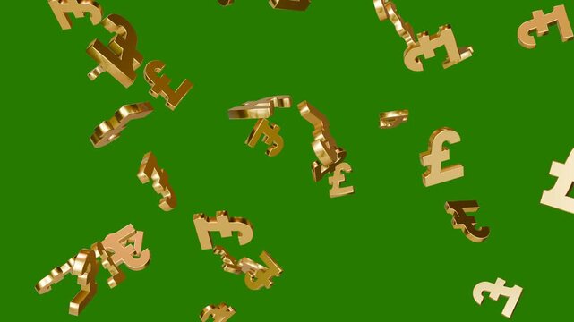 Animated Gold pound sign symbol falling down green screen animation. pound symbol Rotating animation on a green screen 4k videos. pound currency falling and looping, Currency Motion Graphic