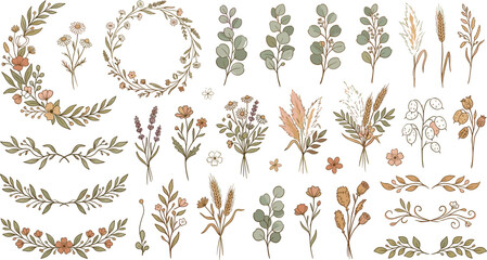 Vintage hand drawn botanical vector collection rustic floral wreaths laurels pampas grass bouquets elements for elegant wedding card © MdAlom