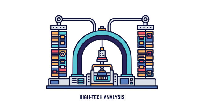 Conceptual illustration of a complex high-tech laboratory analysis machine with colorful data panels and automated mechanical arms.