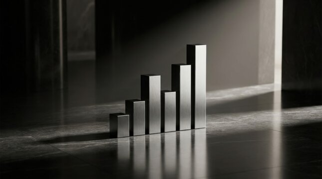 Ultra minimal black and silver bar graph with dramatic side lighting, clean luxury composition, soft reflections on polished floor, elegant fintech concept, photorealistic high-end
