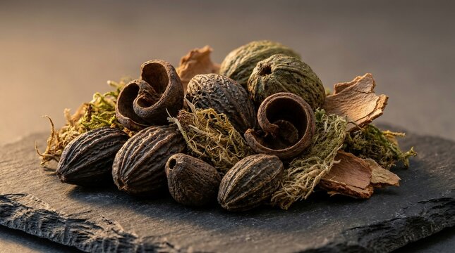 Dried botanical elements and exotic nuts on dark stone slate background