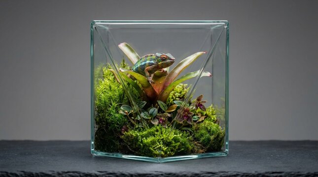 Small panther chameleon sitting inside a glass geometric terrarium