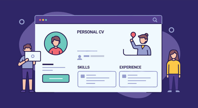 Website interface showing a personal CV with skills and experience sections surrounded by male and female character icons.