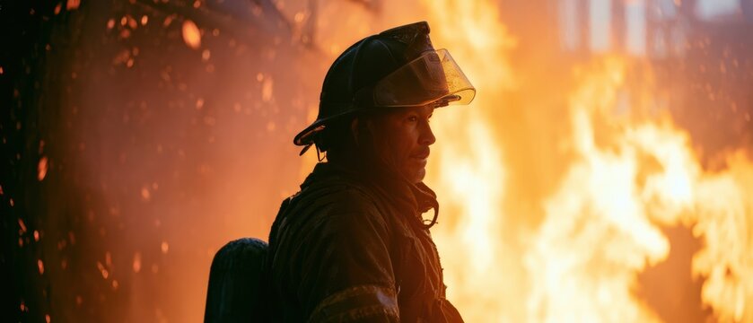 Experienced firefighter in helmet and protective gear standing against backdrop of flames