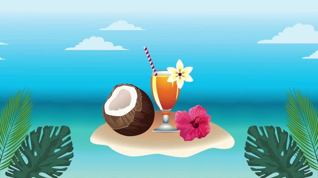 Summer vacation animated background with tropical cocktail coconut and hibiscus flower on beach sand island with ocean waves.